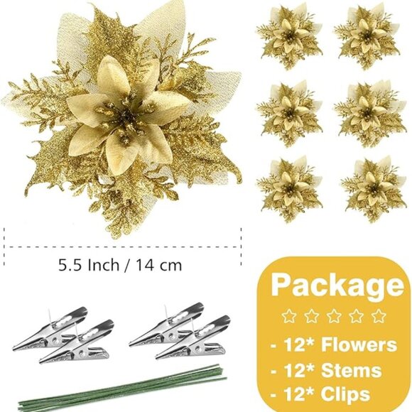 12 Gold Glitter Poinsettia Flowers - Artificial Christmas Ornaments - Picture 5 of 7